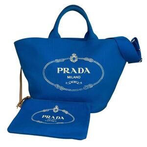 Prada Canapa Handbag Tote Bag Shoulder Blue Canvas B